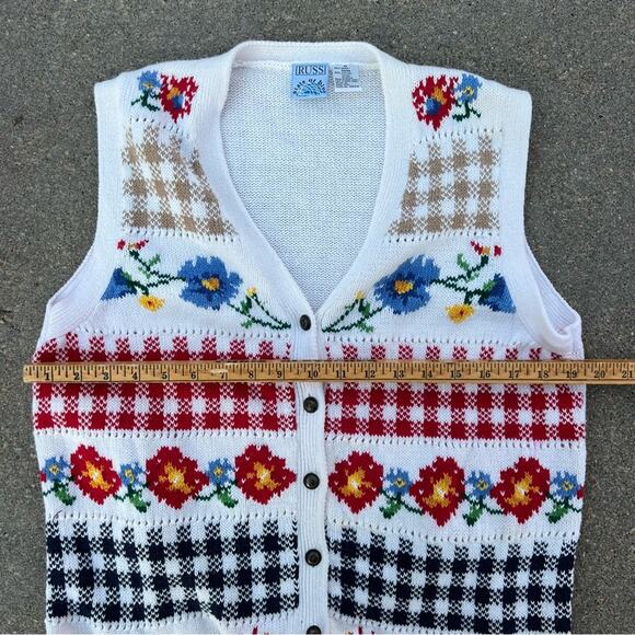 Vintage 90s Russ White Primary Color Floral Knit Herringbone Check Sweater Vest - Picture 5 of 6